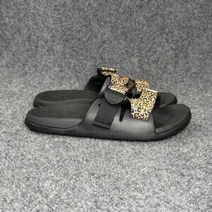 Chaco Chillos Slide Sandals Women's 8 Black Cheetah Print Slip On Summer Beach